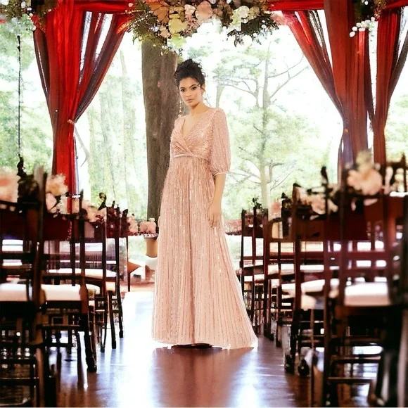 Mac Duggal | Dresses | Mac Duggal 559 Dress Peach 4 Apricot Sequin Wedding  Wrap Formal Maxi Long Nwt | Poshmark